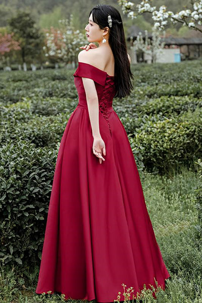 Simple Off Shoulder Burgundy Long Prom Dress, Off the Shoulder Maroon Formal Dress, Burgundy Evening Dress
