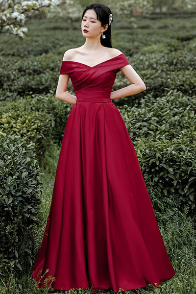 Simple Off Shoulder Burgundy Long Prom Dress, Off the Shoulder Maroon Formal Dress, Burgundy Evening Dress
