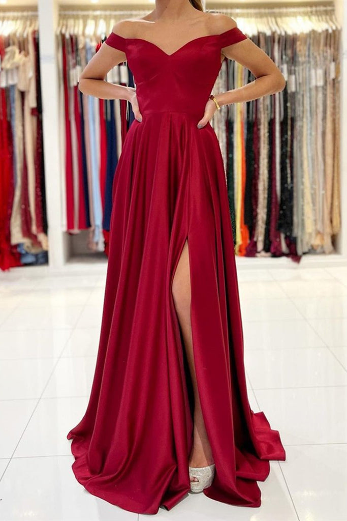 Simple Off the Shoulder Burgundy Satin Long Prom Dress with Slit, Off Shoulder Burgundy Formal Evening Dress