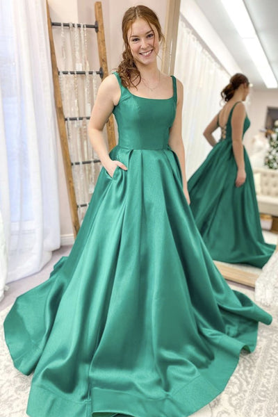 Simple Open Back Green Satin Long Prom Dress, Long Green Formal Graduation Evening Dress A1357
