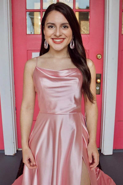 Simple Pink Satin Long Prom Dress with High Slit, Long Pink Formal Graduation Evening Dress A1572