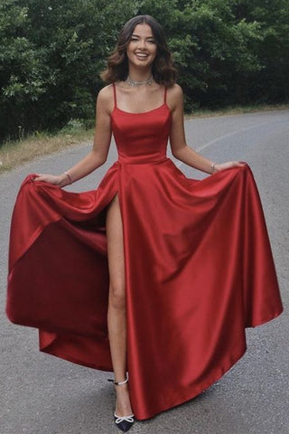 Simple Red Satin A Line Long Prom Dresses with High Slit, Red Formal Graduation Evening Dresses Long A1845