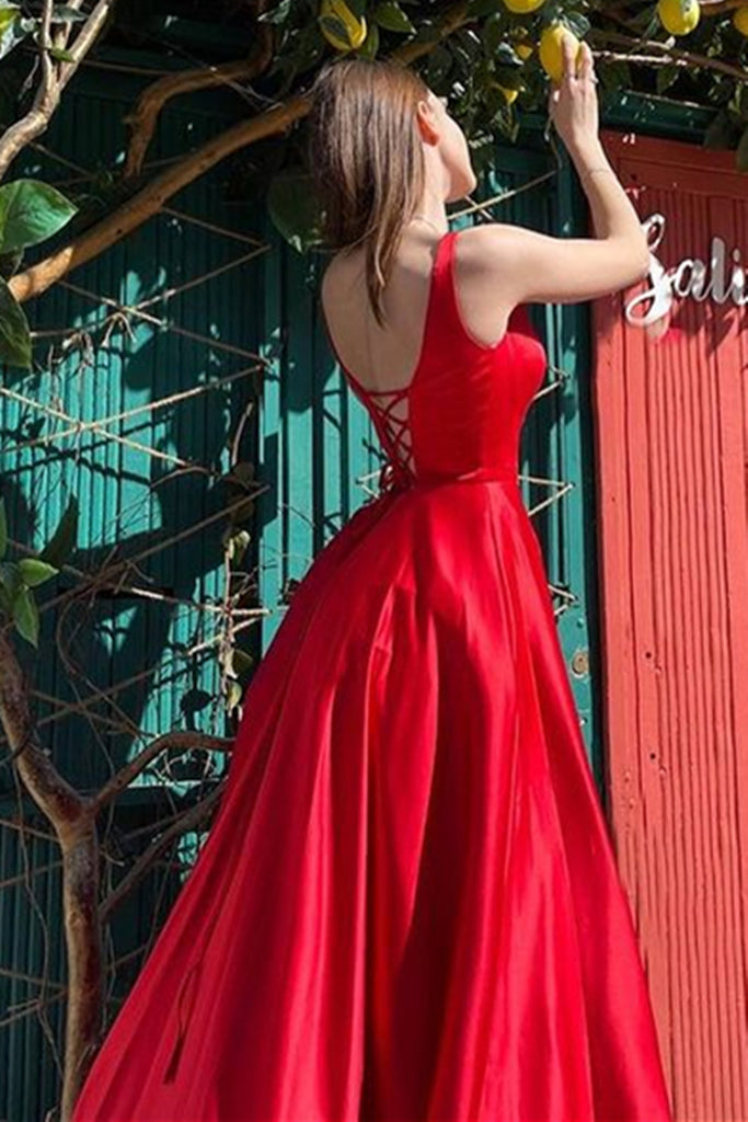 Simple Red Satin High Slit Long Prom Dress, Long Red Formal Evening Dr abcprom Simple Red Satin High Slit Long Prom Dress, Long Red Formal Evening Dr abcprom