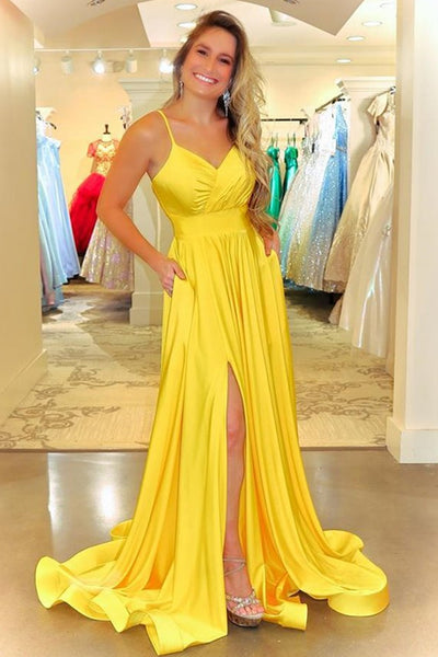 Simple V Neck Backless Yellow Satin Long Prom Dress, Long Backless Yellow Formal Evening Dress