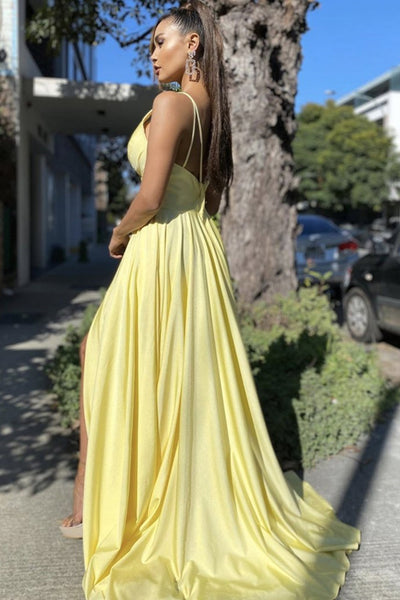Simple V Neck Backless Yellow Satin Long Prom Dress with Slit, V Neck Yellow Formal Dress, Yellow Evening Dress