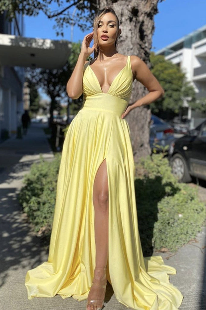 Simple V Neck Backless Yellow Satin Long Prom Dress with Slit, V Neck abcprom Simple V Neck Backless Yellow Satin Long Prom Dress with Slit, V Neck abcprom