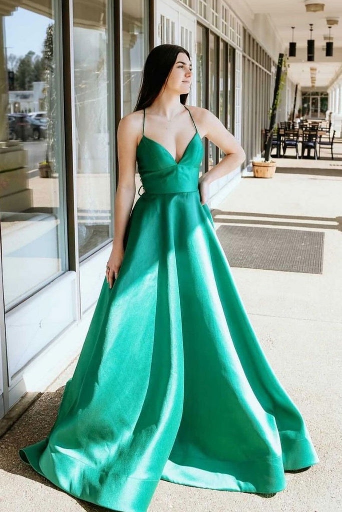 Simple V Neck Green Satin Long Prom Dress, Thin Strap Green Formal Evening Dress
