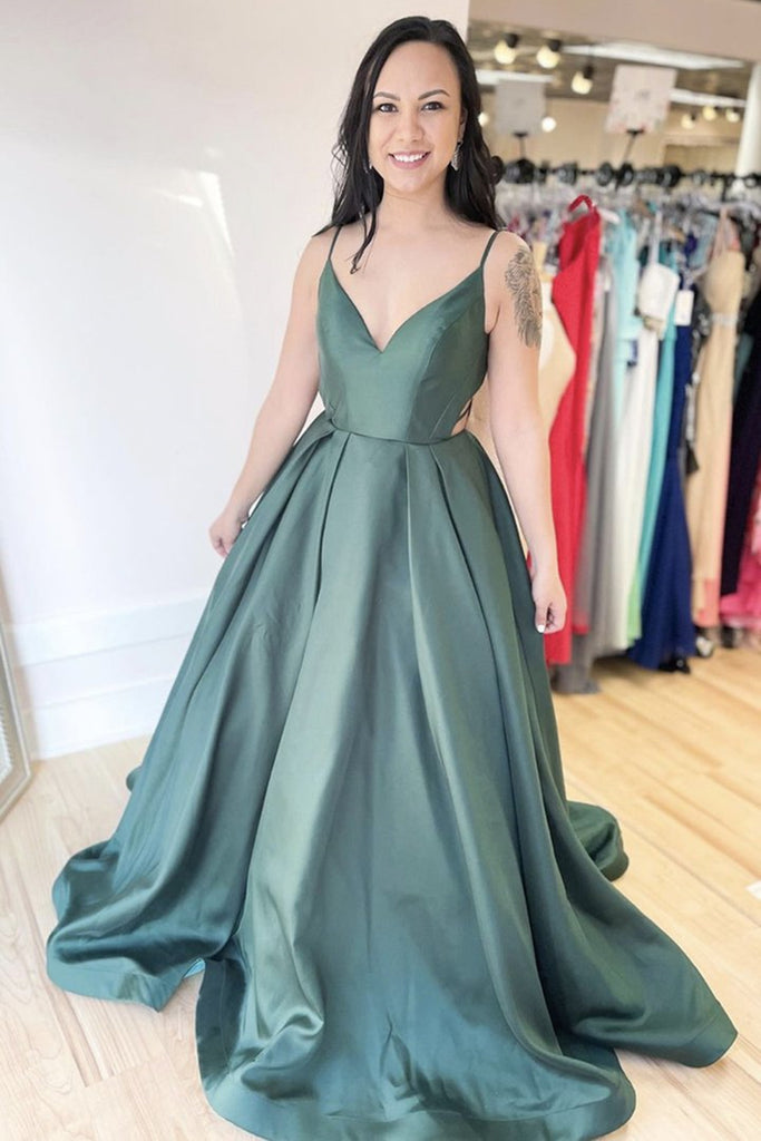 Simple V Neck Open Back Green Satin Long Prom Dress, Backless Green Formal Dress, Green Evening Dress