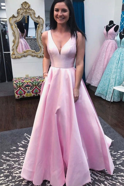 Simple V Neck Open Back Pink Satin Long Prom Dress, V Neck Pink Formal Graduation Evening Dress A1595