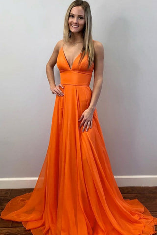 Simple V Neck Orange Chiffon Long Prom Dress, Long Orange Formal Graduation Evening Dress
