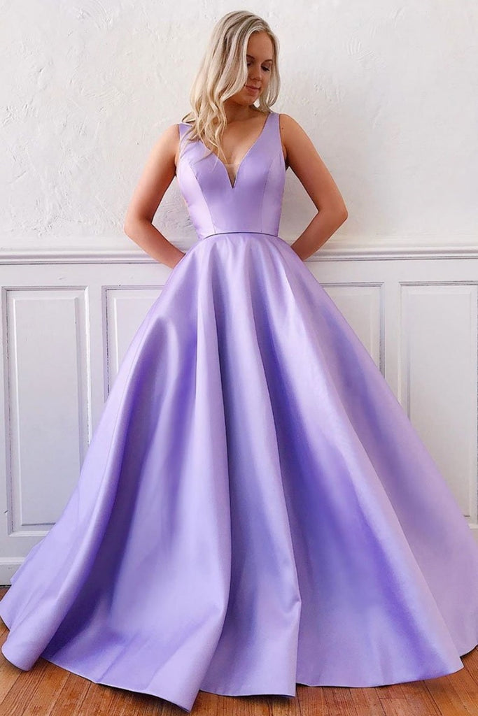 Simple V Neck Purple Satin Long Prom Dress, Purple Formal Graduation Evening Dress