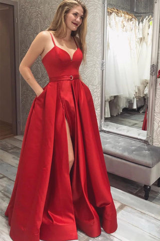 Simple V Neck Red Satin Long Prom Dress with High Slit, V Neck Red Formal Graduation Evening Dress A1361