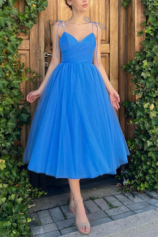 Simple V Neck Tea Length Blue Tulle Prom Dress, Short Blue Homecoming Dress, Blue Tulle Formal Evening Dress A1631