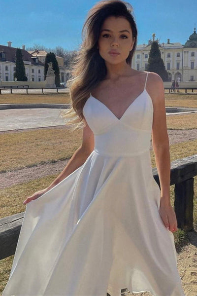 Simple V Neck Tea Length White Prom Homecoming Dress, White Formal Graduation Evening Dress A1592