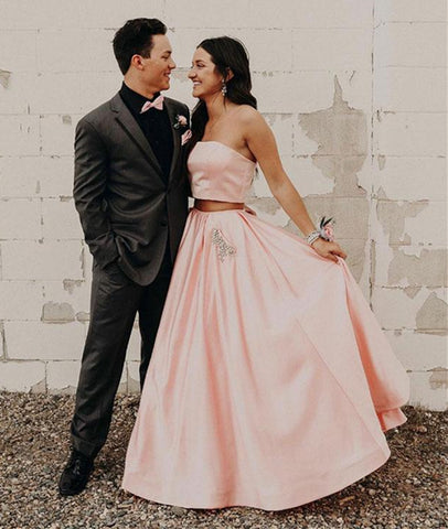 Simple 2 Pieces Pink Satin Long Prom Dresses with Pockets, 2 Pieces Pink Formal Evening Dresses, Pink Graduation Dresses