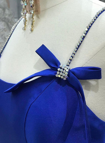 Simple A Line Blue Satin Long Prom Dress, Blue Formal Dress, Cheap Blue Evening Dress