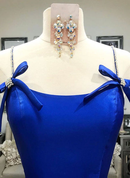 Simple A Line Blue Satin Long Prom Dress, Blue Formal Dress, Cheap Blue Evening Dress