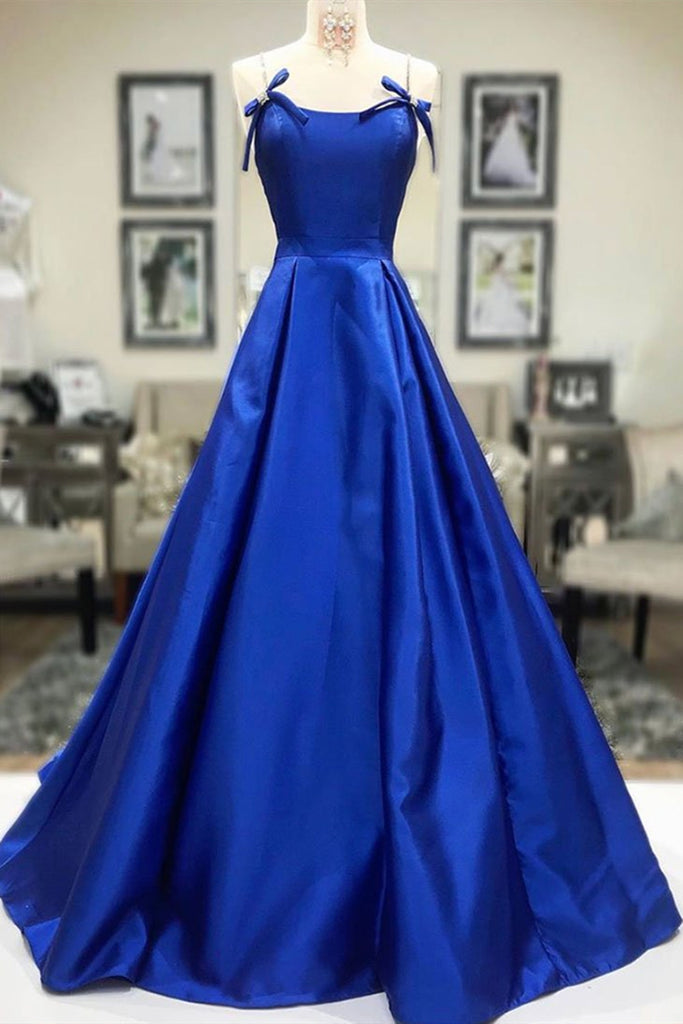 Simple A Line Blue Satin Long Prom Dress, Blue Formal Dress, Cheap Blue Evening Dress