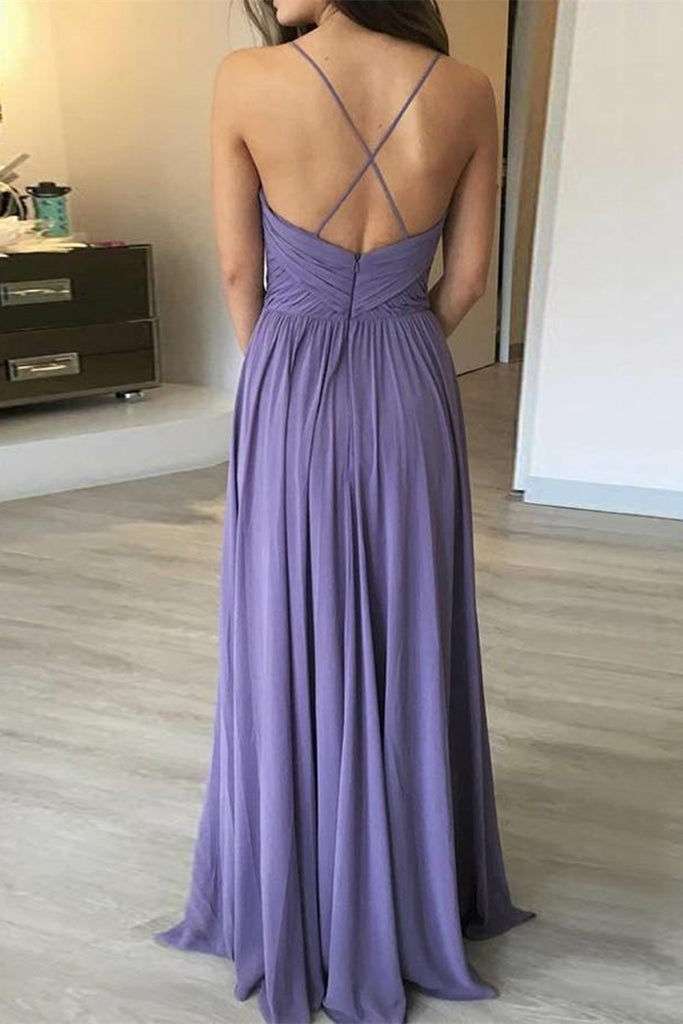 Simple A Line V Neck Backless Long Lavender Prom Dress, Backless Laven – abcprom