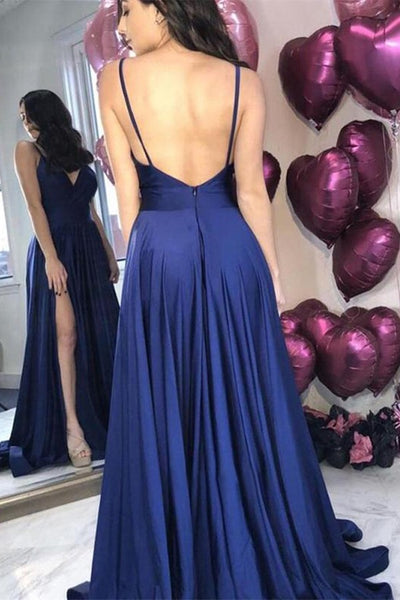 Simple A Line V Neck Backless Navy Blue Long Prom Dress with High Slit, Backless Navy Blue Formal Graduation Evening Dress