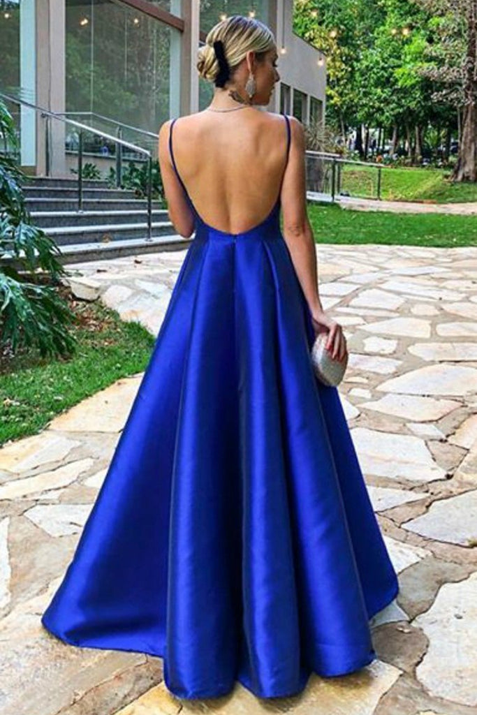 Simple A Line V Neck Backless Royal Blue Satin Long Prom Dress, V Neck abcprom Simple A Line V Neck Backless Royal Blue Satin Long Prom Dress, V Neck abcprom