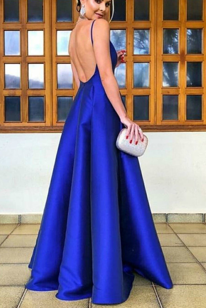 Simple A Line V Neck Backless Royal Blue Satin Long Prom Dress, V Neck  Backless Royal Blue Formal Dress, Royal Blue Evening Dress