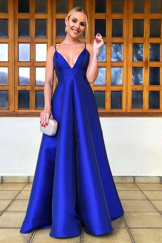 Simple A Line V Neck Backless Royal Blue Satin Long Prom Dress, V Neck Backless Royal Blue Formal Dress, Royal Blue Evening Dress