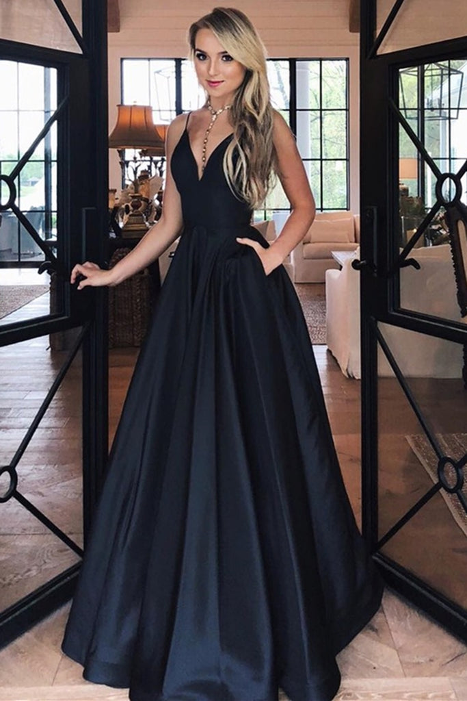 Simple A Line V Neck Black Satin Long Prom Dress with Pocket, V Neck Black Formal Graduation Evening Dress