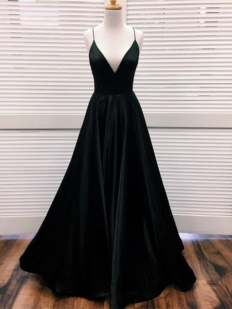 Simple A Line V Neck Black Satin Long Prom Dresses, Black Formal Dresses, Evening Dresses 2019