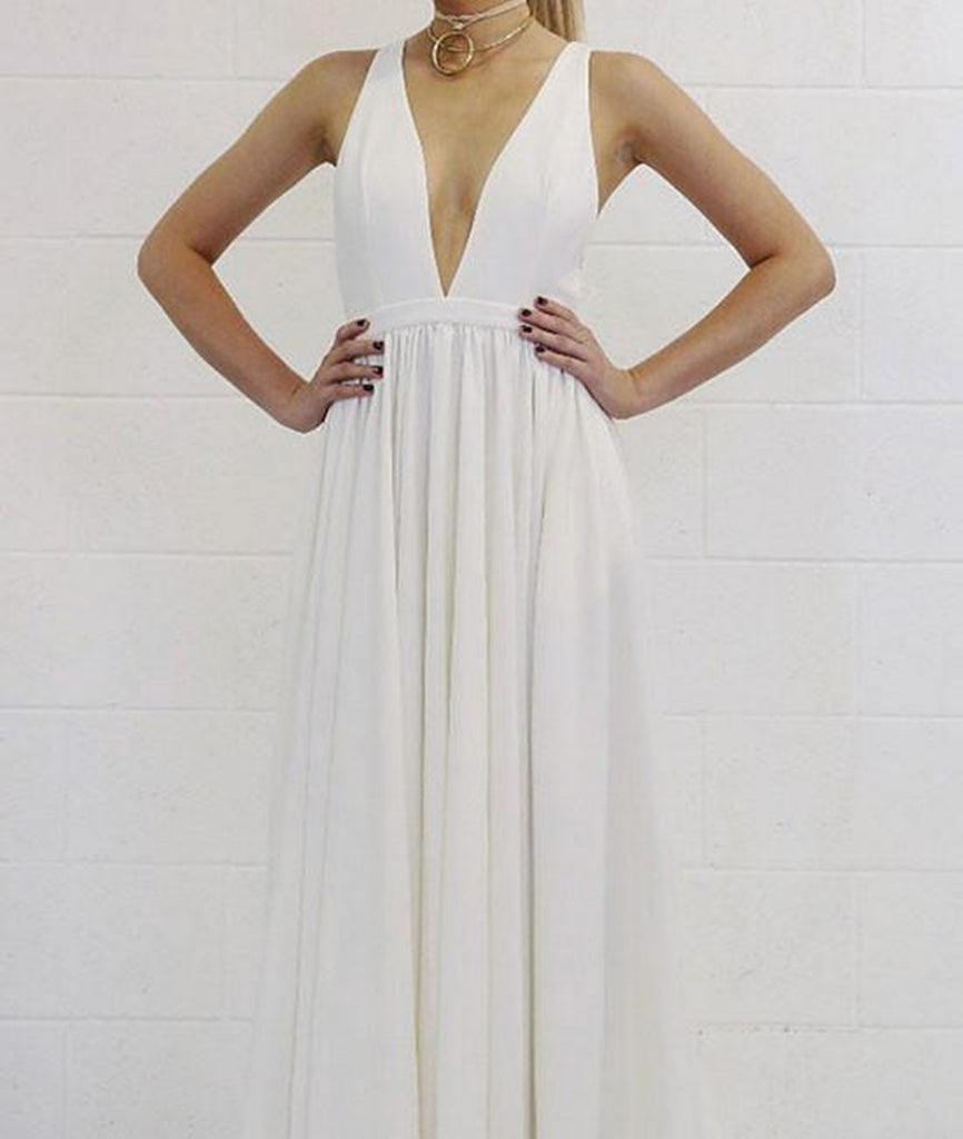 Simple A Line V Neck Floor Length Backless White Long Prom Dresses, Wh abcprom Simple A Line V Neck Floor Length Backless White Long Prom Dresses, Wh abcprom