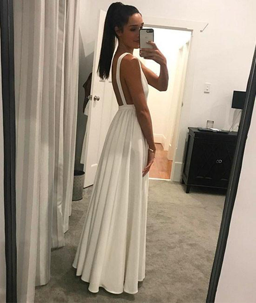 Simple A Line V Neck Floor Length Backless White Long Prom Dresses, Wh abcprom Simple A Line V Neck Floor Length Backless White Long Prom Dresses, Wh abcprom