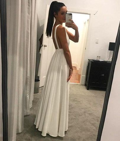 Simple A Line V Neck Floor Length Backless White Long Prom Dresses, Wh – abcprom