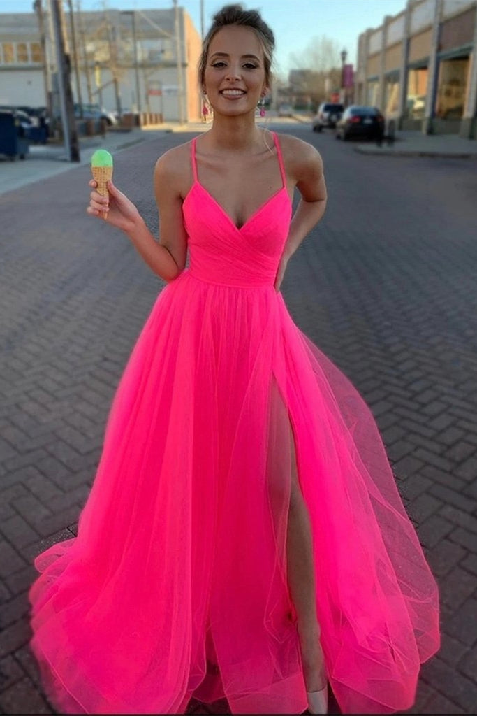 Simple A Line V Neck Hot Pink Tulle Prom Dress, Princess Hot Pink Tulle Formal Evening Graduation Dress