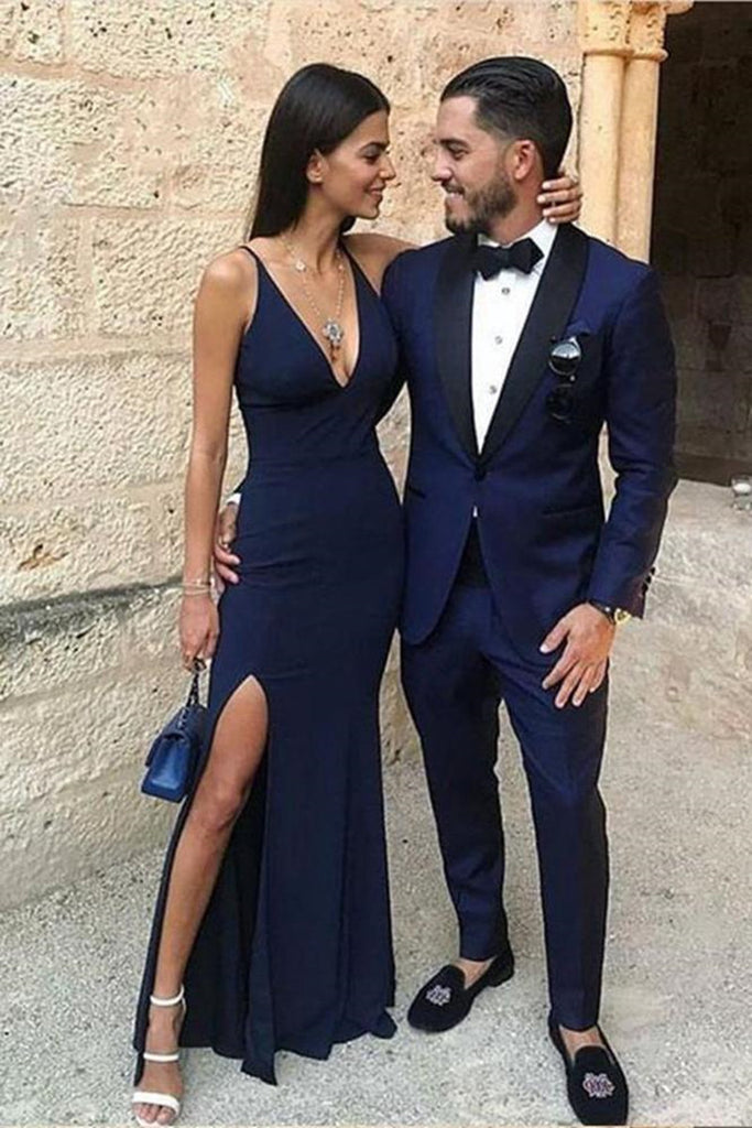 Simple A Line V Neck Mermaid Navy Blue Long Prom Dresses with Leg Slit abcprom Simple A Line V Neck Mermaid Navy Blue Long Prom Dresses with Leg Slit abcprom