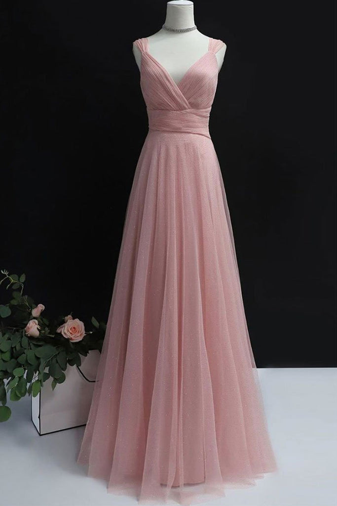 Simple A Line V Neck Pink Tulle Long Prom Dress Bridesmaid Dress, V Ne abcprom Simple A Line V Neck Pink Tulle Long Prom Dress Bridesmaid Dress, V Ne abcprom