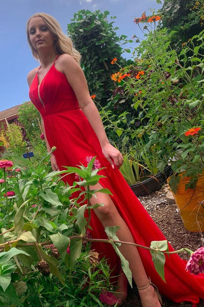 Simple A Line V Neck Red Long Prom Dress with Slit, V Neck Red Long Formal Graduation Evening Dress, Red Bridesmaid Dress
