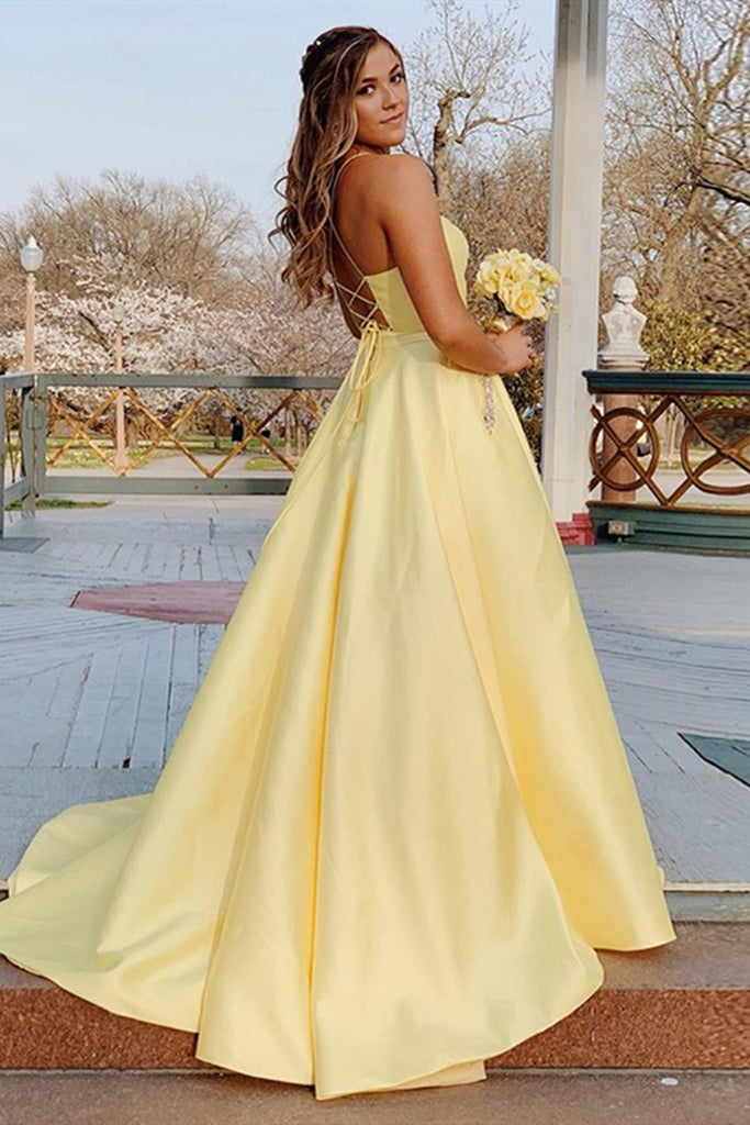 Simple A Line V Neck Yellow Satin Long Prom Dress with Pockets, V Neck