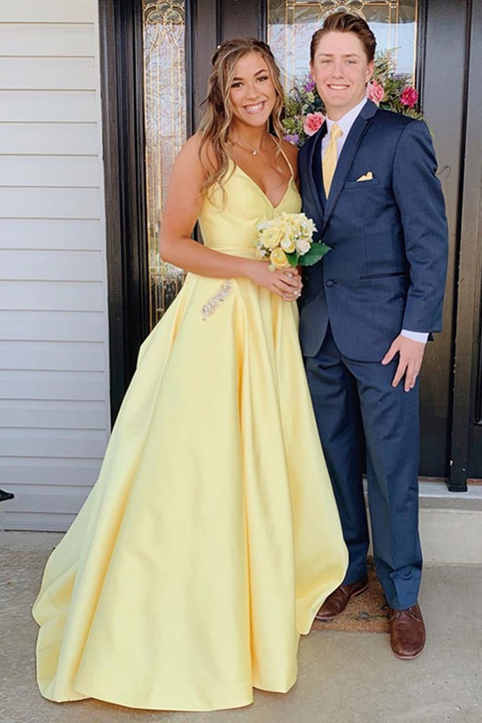 Simple A Line V Neck Yellow Satin Long Prom Dress with Pockets, V Neck abcprom Simple A Line V Neck Yellow Satin Long Prom Dress with Pockets, V Neck abcprom