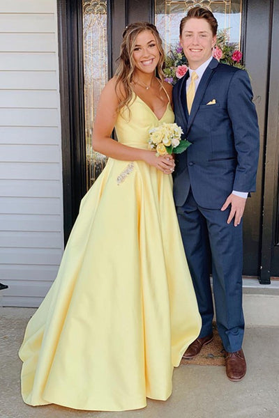Simple A Line V Neck Yellow Satin Long Prom Dress with Pockets, V Neck Yellow Formal Dress, Yellow Evening Dress
