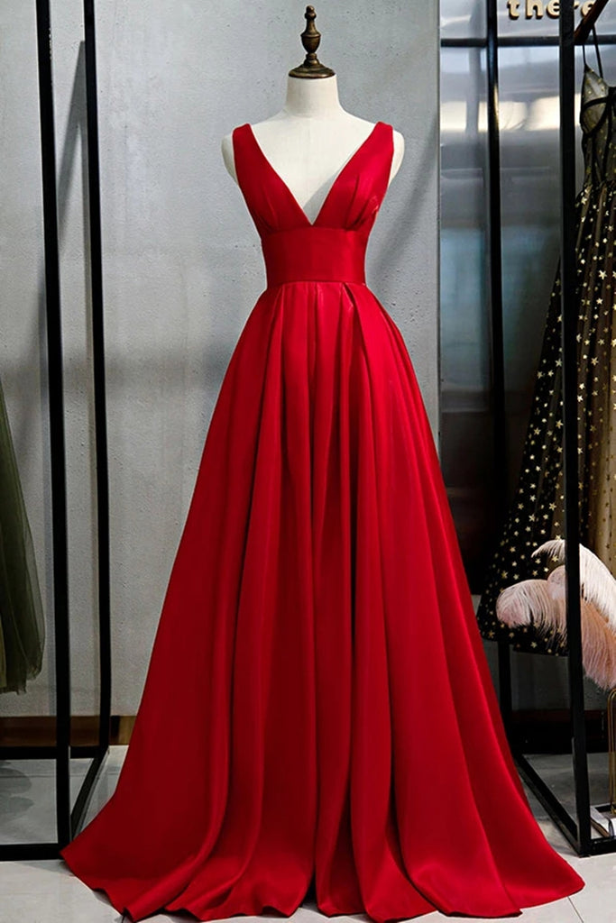 Simple A Line V Neck and V Back Red Satin Long Prom Dress, Cheap V Nec – abcprom Simple A Line V Neck and V Back Red Satin Long Prom Dress, Cheap V Nec – abcprom