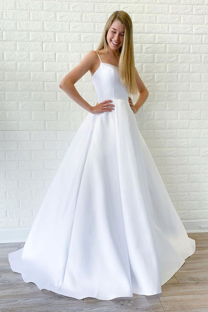 Simple A Line White Satin Long Wedding Prom Dress Cheap White Formal Graduation Evening Dress