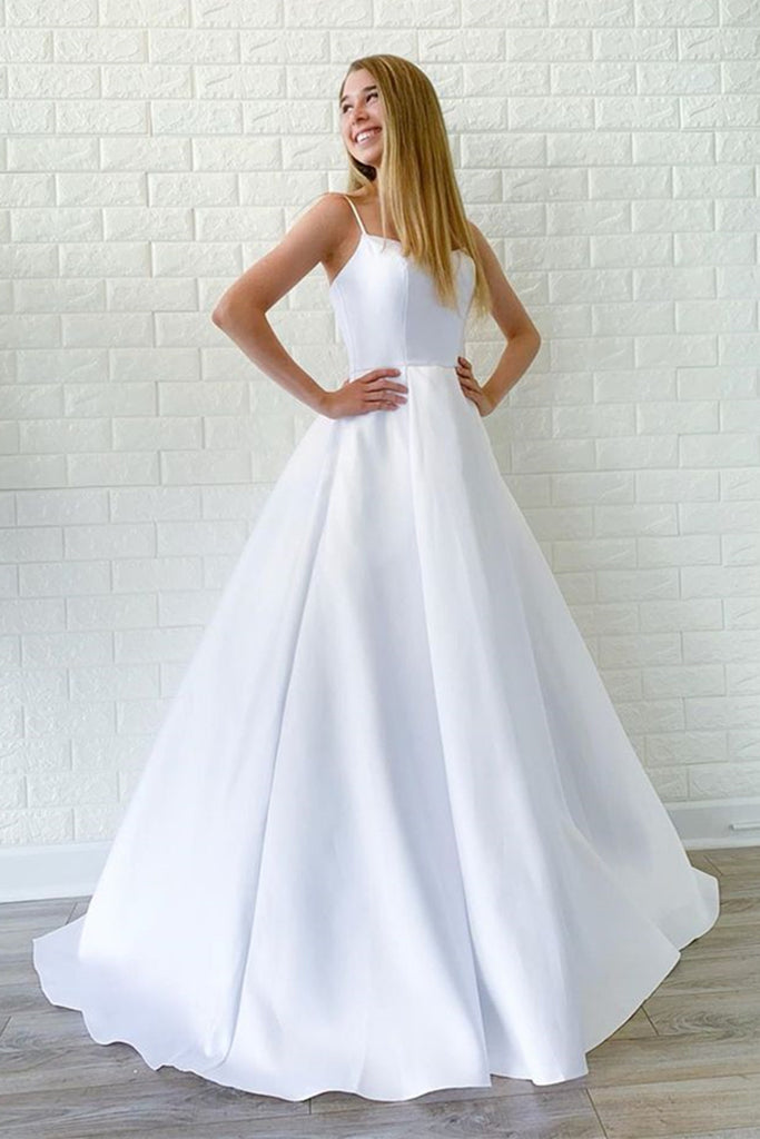 Simple A Line White Satin Long Wedding Prom Dress, Cheap White Formal Graduation Evening Dress