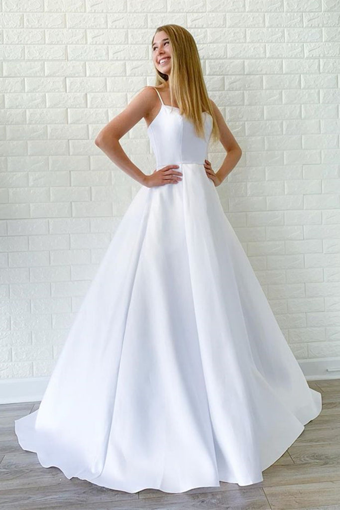 Simple A Line White Satin Long Wedding Prom Dress, Cheap White Formal abcprom Simple A Line White Satin Long Wedding Prom Dress, Cheap White Formal abcprom