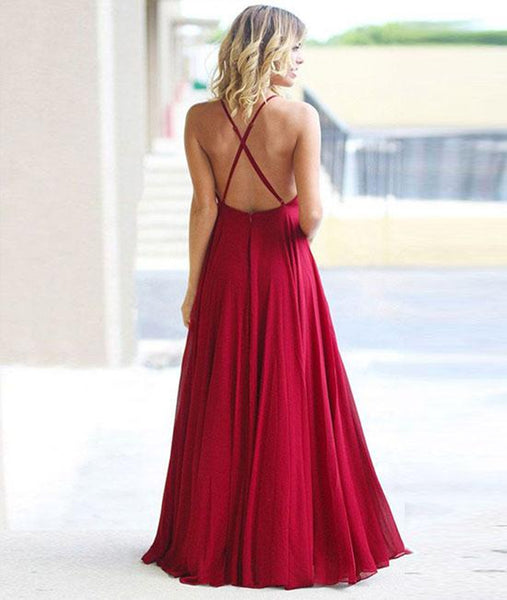 Simple Burgundy A Line Backless Chiffon Long Prom Dresses, Burgundy Backless Formal Dresses, Evening Dresses