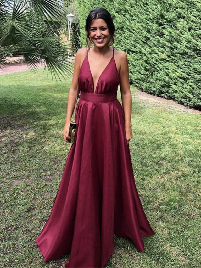 Simple Burgundy V Neck Backless Satin Long Prom Dresses, V Neck Burgun abcprom Simple Burgundy V Neck Backless Satin Long Prom Dresses, V Neck Burgun abcprom