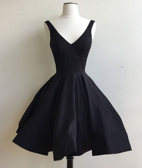 Simple Cute V Neck Short Black Prom Dresses, Cute Black Homecoming Dresses, Graduation Dresses