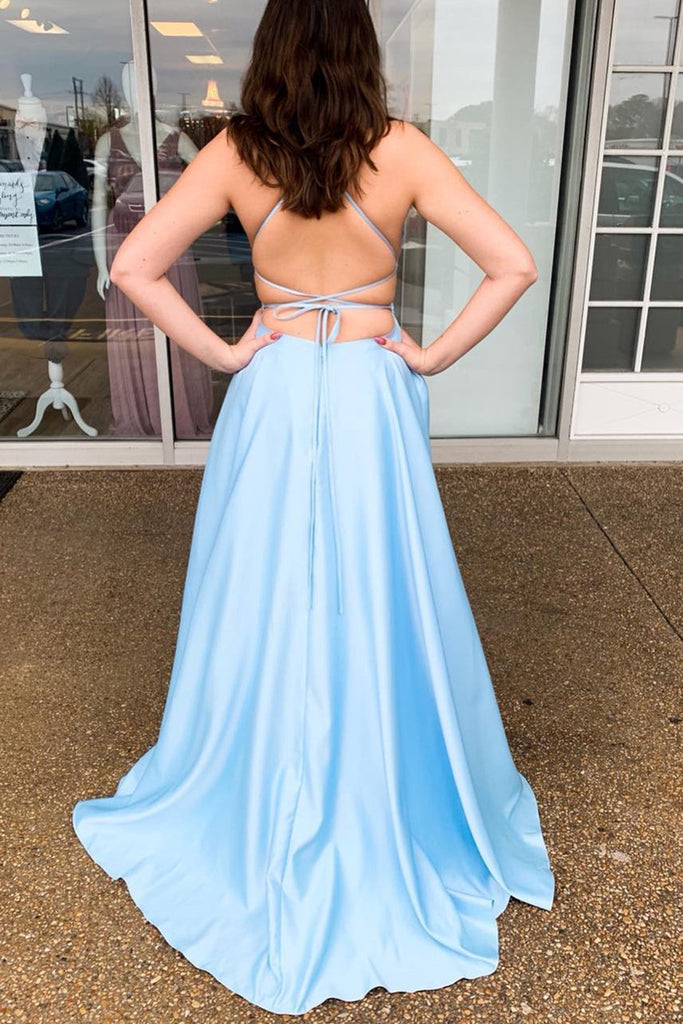 Simple Light Blue Backless Satin Long Prom Dress, Backless Light Blue abcprom Simple Light Blue Backless Satin Long Prom Dress, Backless Light Blue abcprom