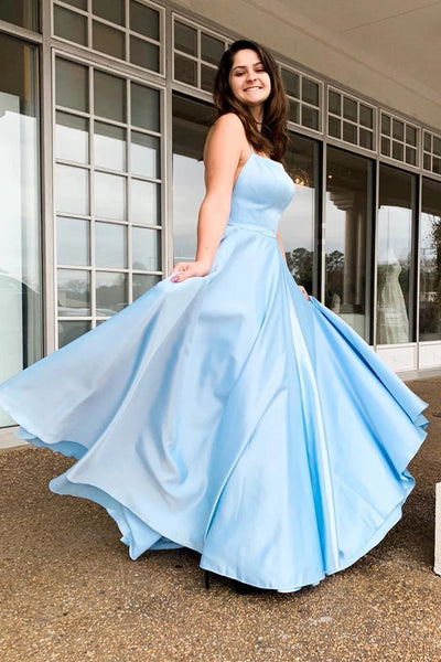 Simple Light Blue Backless Satin Long Prom Dress, Backless Light Blue Formal Dress, Light Blue Evening Dress