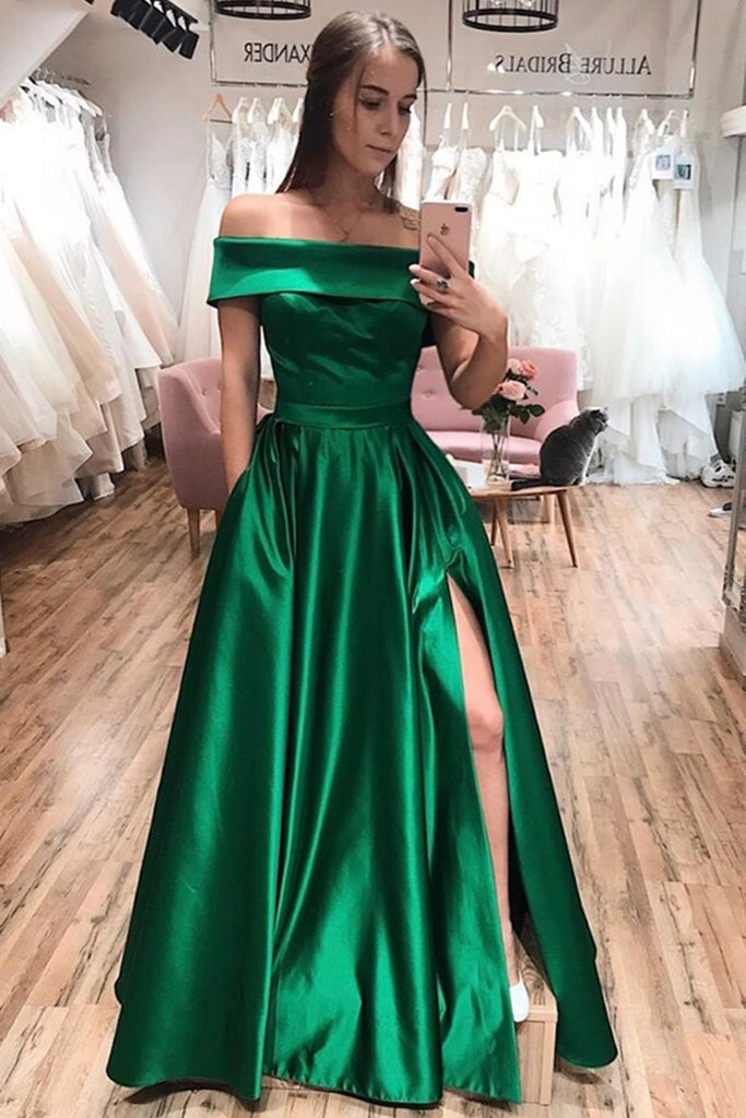Simple Off Shoulder Green Satin Long Prom Dress with Slit, Off the Shoulder Green Formal Graduation Evening Dress