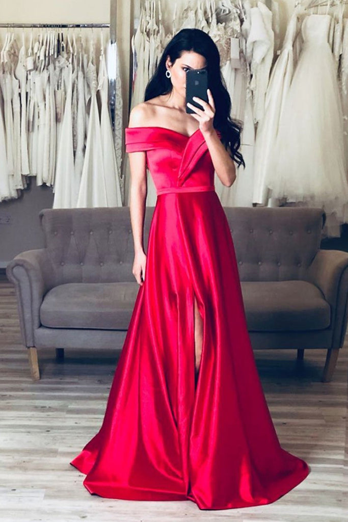 Red silk off cheap the shoulder prom dress